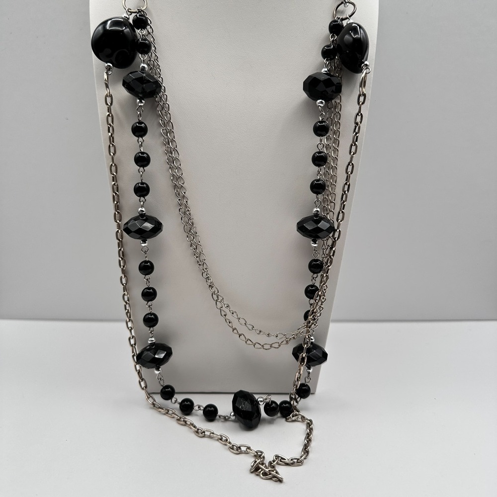 Vintage 90s Multi-Strand Silver Tone Layered Necklace Black Bead Boho Statement